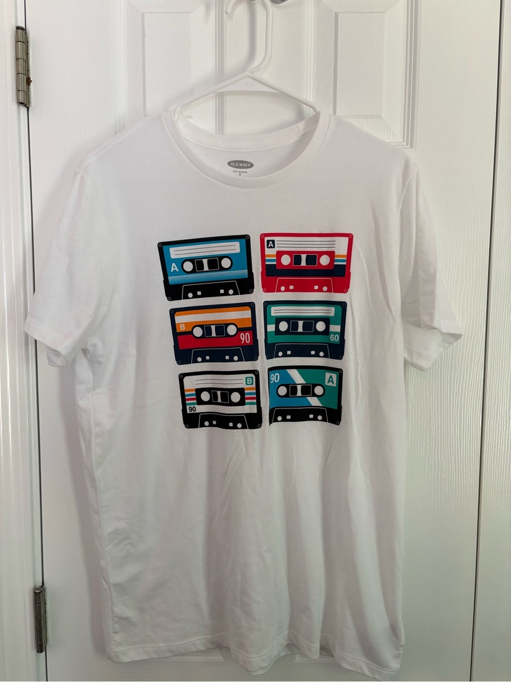 Old Navy White Men's Short‑Sleeve Tee with Colorful Cassette Graphic